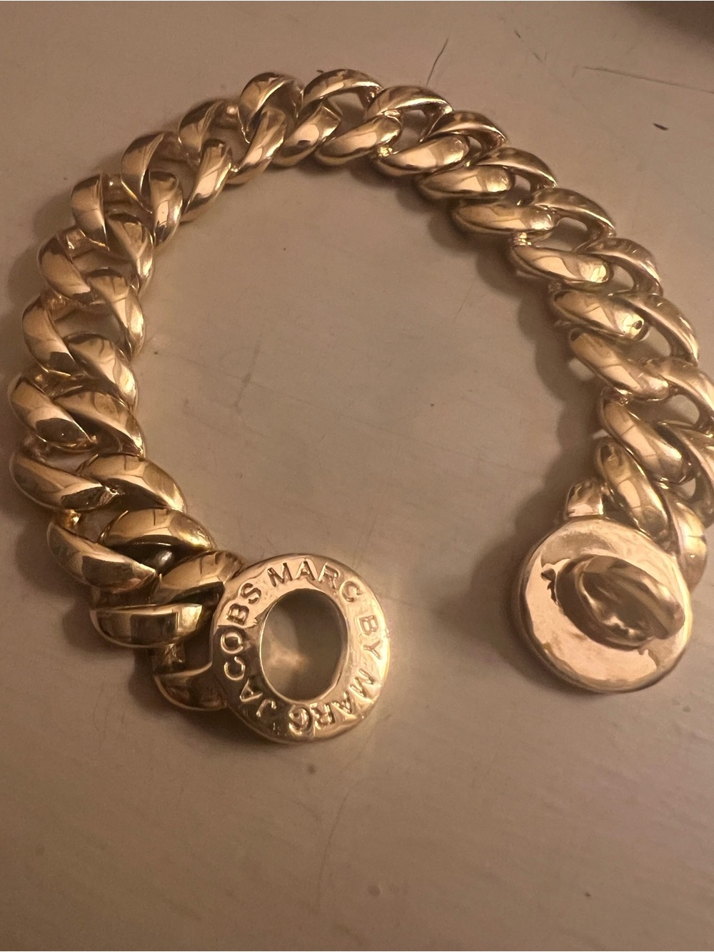 Marc by Marc Jacobs Gold Thick Curb Chain Bracelet with Branded Disc Toggle